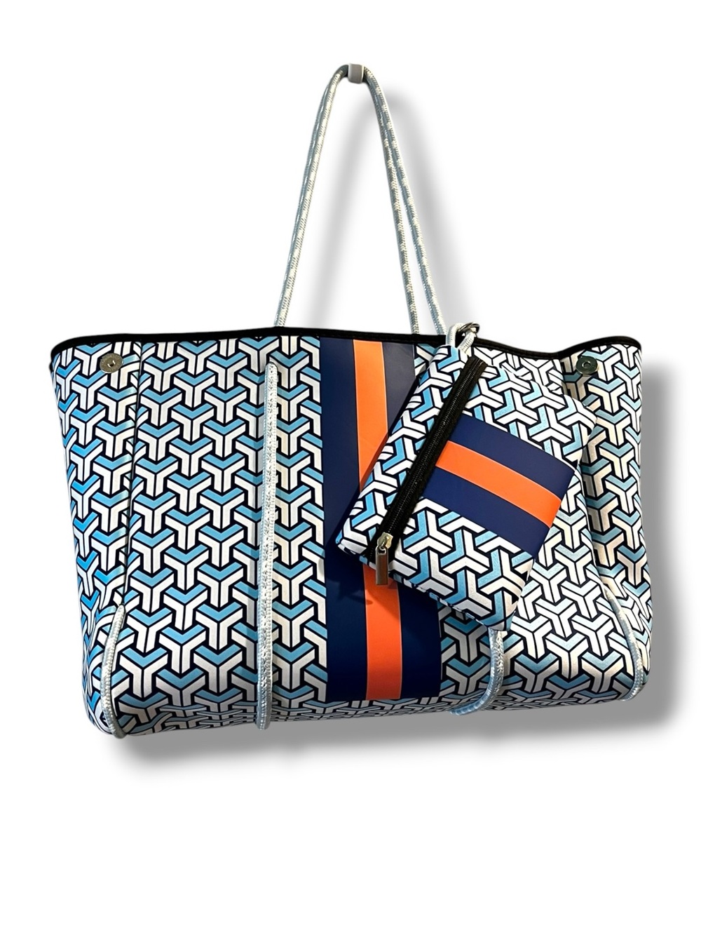 Parker & Hyde Neoprene Tote Bag w/Zipper Pouch Striped Geo Print Preppy Travel